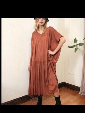 Free People Just Add Sun Oversized Size S M L Rust-Tone Relaxed Maxi Beach Dress